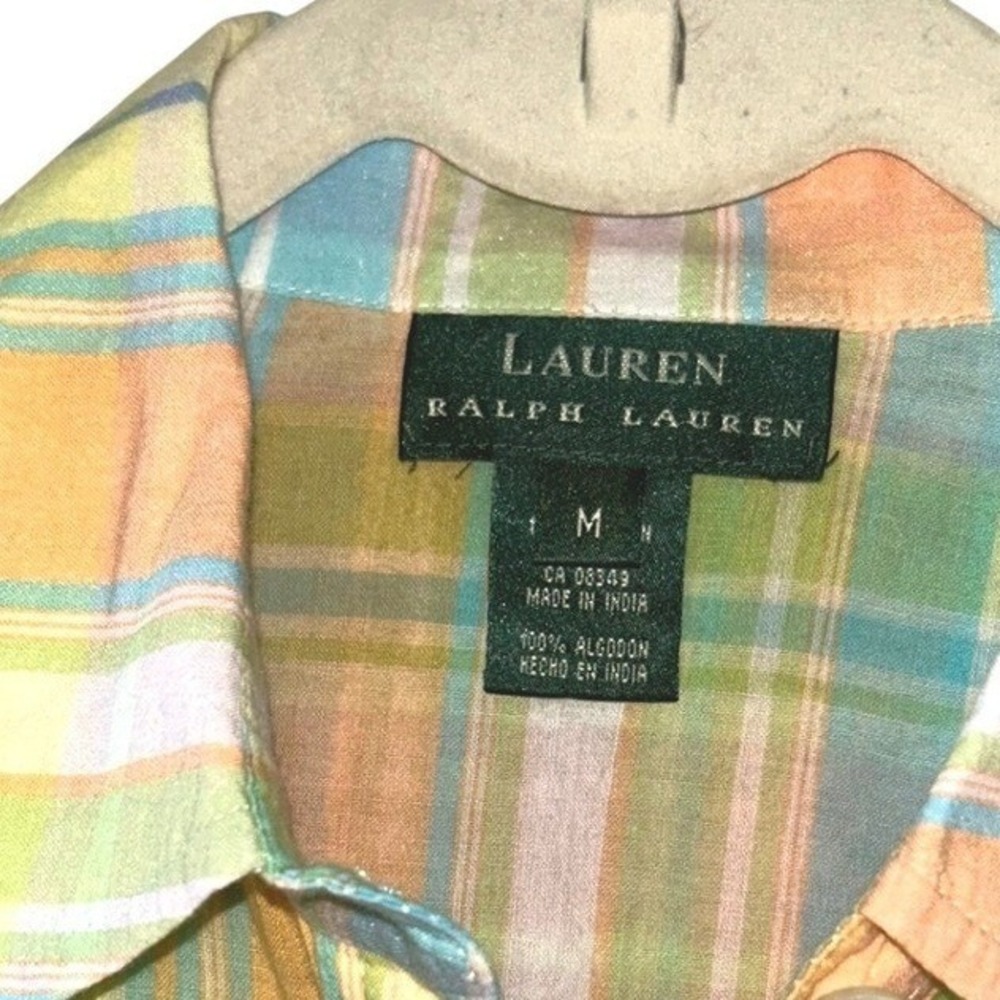 Lauren Ralph Lauren Womens‎ Pastel Plaid Cotton Button Down Shirt Green Orange M - Picture 2 of 4